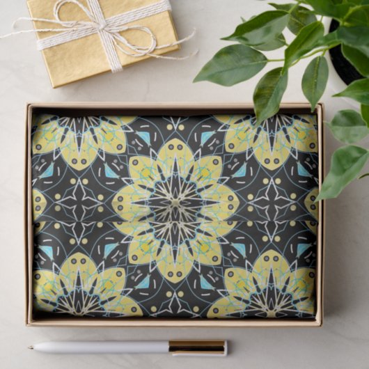 黄色と黒のスタイリッシュフローラ幾何学的パターン 薄葉紙 (ギフト)