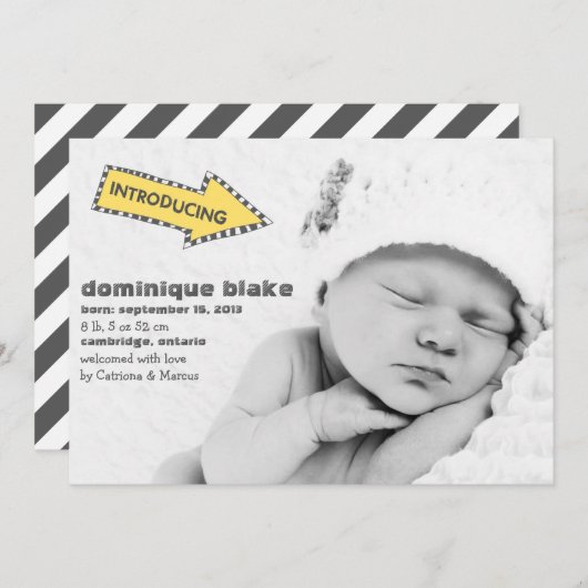 黄色と黒のストライプ矢印の誕生のお知らせ 案内状 (正面/裏面)