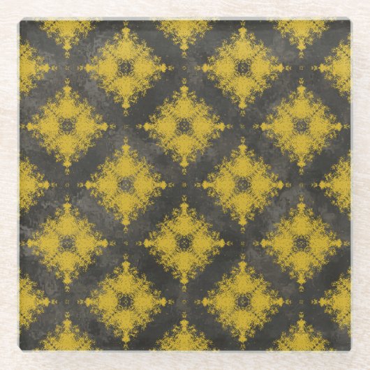 黄色と黒のダイヤモンドバーストパターン ガラスコースター (正面)