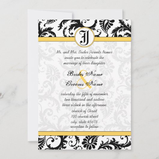 黄色と黒のダマスクスワーズ結婚式招待状 招待状 (正面)