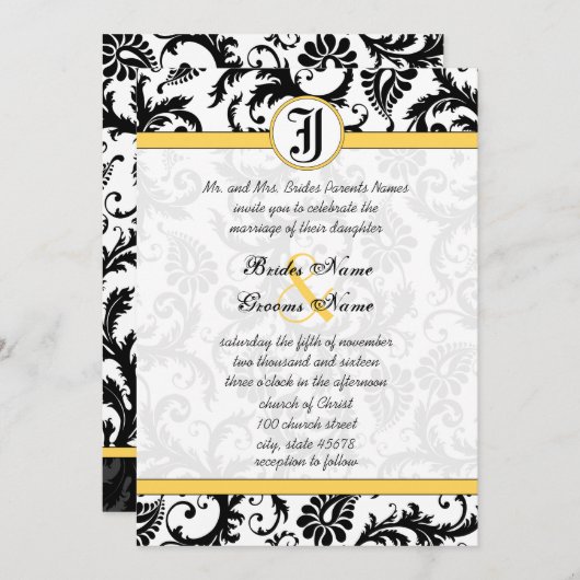 黄色と黒のダマスクスワーズ結婚式招待状 招待状 (正面/裏面)