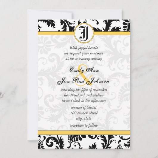 黄色と黒のダマスクスワーズ結婚式招待状 招待状 (正面)