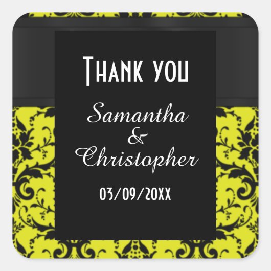 黄色と黒のダマスク感謝していユー スクエアシール (正面)
