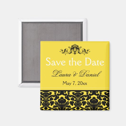 黄色と黒のダマスク日付磁石を保存 マグネット (正面/裏面)