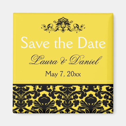 黄色と黒のダマスク日付磁石を保存 マグネット (正面)