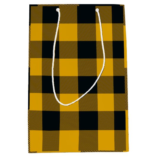 黄色と黒のチェック柄のマス目 バッファロープレイド ミディアムペーパーバッグ (正面)
