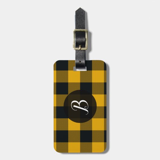 黄色と黒のバッファローのプレイド市松模様にスクアーク ラゲッジタグ (正面縦)