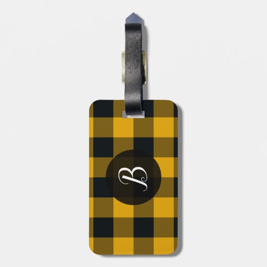 黄色と黒のバッファローのプレイド市松模様にスクアーク ラゲッジタグ (裏面縦)