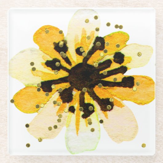 黄色と黒のフローラコースターとフェイクグリッター ガラスコースター (正面)