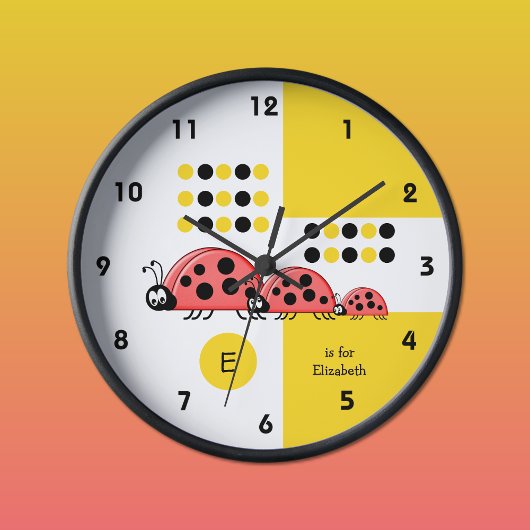 黄色と黒の子供のレディバードの名前 ラージ壁時計