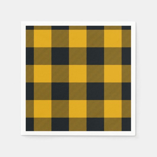 黄色と黒の市松模様に四角バッファロープレイド スタンダードカクテルナプキン (正面)