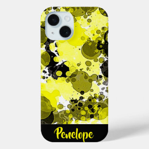 黄色と黒の抽象芸術絵を描(ばちゃばちゃ)跳ねる(名前) iPhone 15ケース