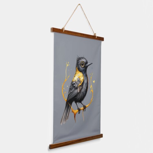 黄色と黒の抽象芸術黄色の翼を持つブラックバード 吊り下げ型タペストリー (傾斜あり)