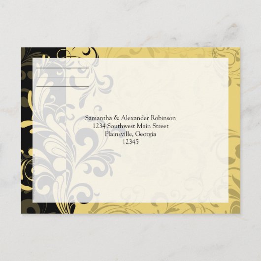 黄色と黒の旋回コンテンポラリーRSVP応答 インビテーションポストカード (裏面)