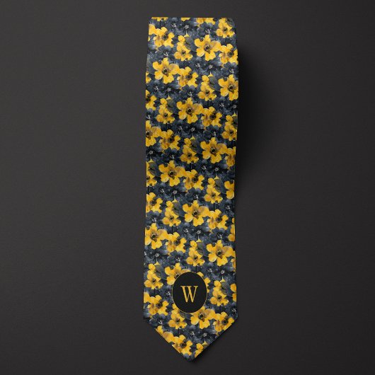 黄色と黒の水色フローラモノグラム ネクタイ