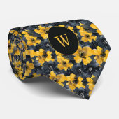 黄色と黒の水色フローラモノグラム ネクタイ (ロール)