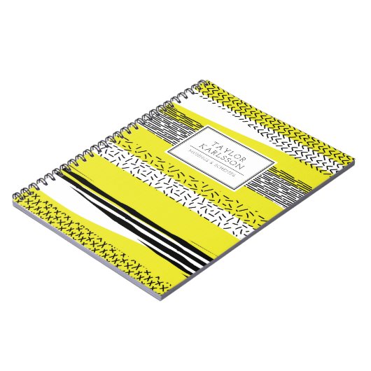 黄色と黒の混合の幾何学的パターパーソナライズされたン ノートブック (左側)