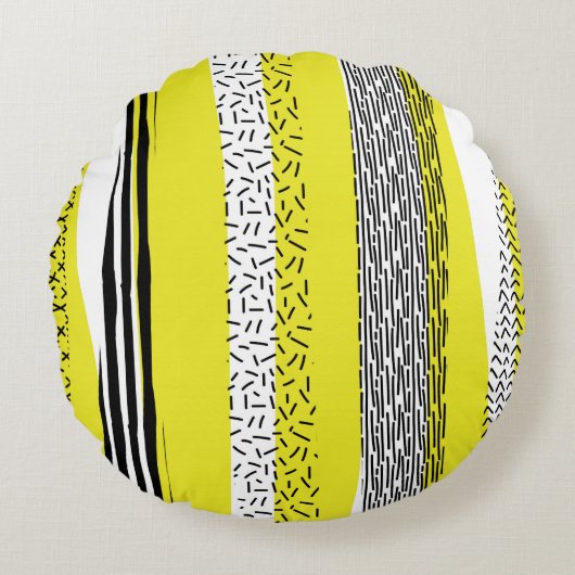 黄色と黒の混合の幾何学的パターン ラウンドクッション (正面)