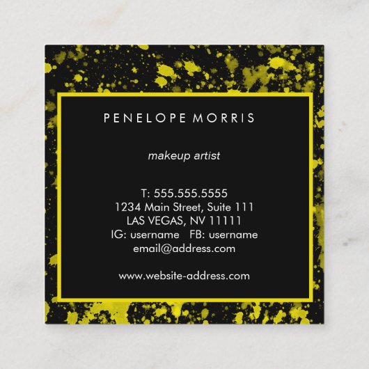 黄色と黒の絵を描（ばちゃばちゃ）跳ねる美しいスタイリスト スクエア名刺 (裏面)