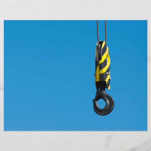 黄色と黒の縞模様のクレーンのフックがぶら下がっている チラシ (正面)
