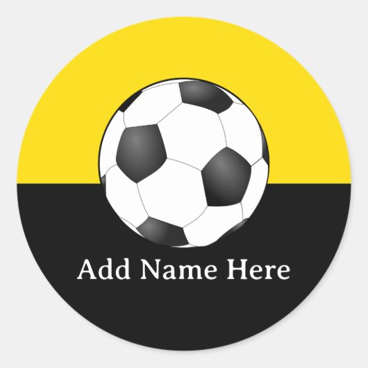 黄色と黒の背景のサッカーボール ラウンドシール (正面)