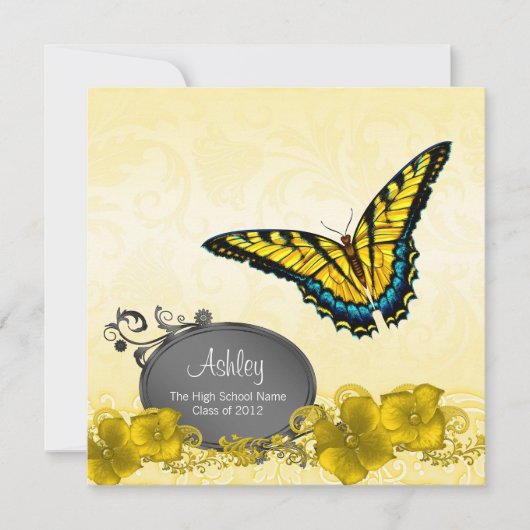 黄色と黒の蝶の卒業発表 招待状 (正面)