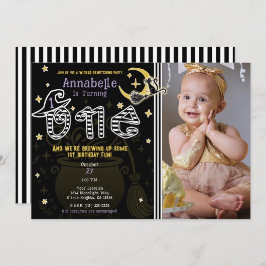 黄色と黒の魔女ハロウィーン1ST誕生日 招待状 (正面/裏面)