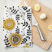 黄色と黒葉のドードルの花と花 キッチンタオル (四つ折り)