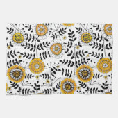 黄色と黒葉のドードルの花と花 キッチンタオル (横)