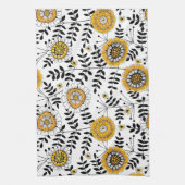 黄色と黒葉のドードルの花と花 キッチンタオル (縦)