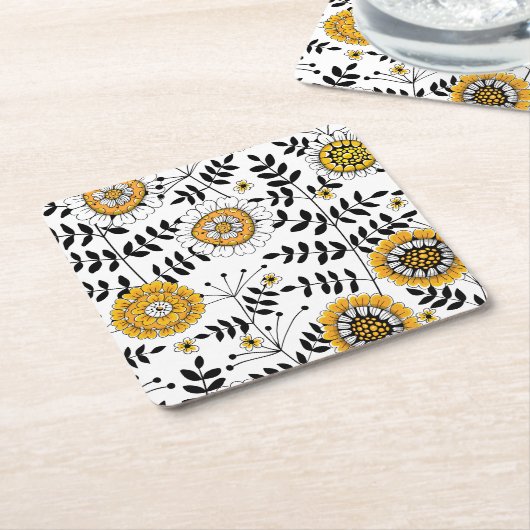黄色と黒葉のドードルの花と花 スクエアペーパーコースター (アングル)