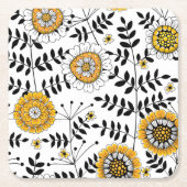 黄色と黒葉のドードルの花と花 スクエアペーパーコースター (正面)