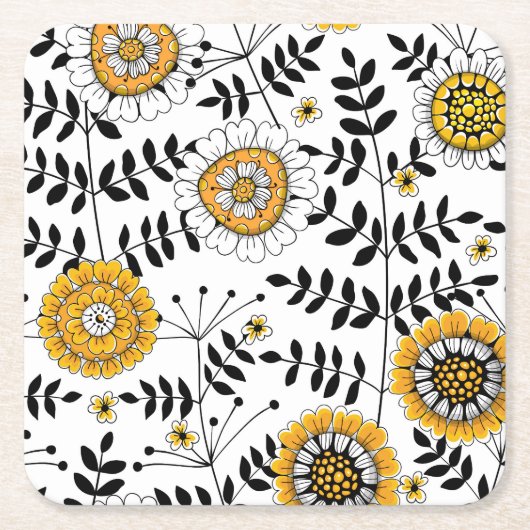 黄色と黒葉のドードルの花と花 スクエアペーパーコースター (正面)