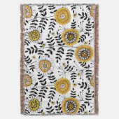 黄色と黒葉のドードルの花と花 スローブランケット (正面縦)