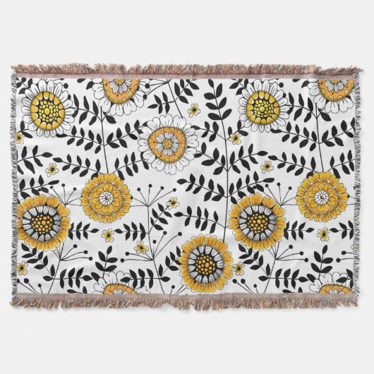 黄色と黒葉のドードルの花と花 スローブランケット (正面)