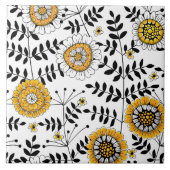 黄色と黒葉のドードルの花と花 タイル (正面)