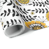 黄色と黒葉のドードルの花と花 ラッピングペーパー (ロールコーナー)