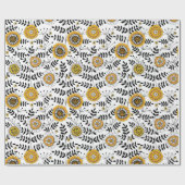 黄色と黒葉のドードルの花と花 ラッピングペーパー (フラット)