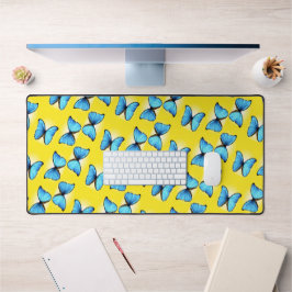 黄色に青い蝶のパターン デスクマット