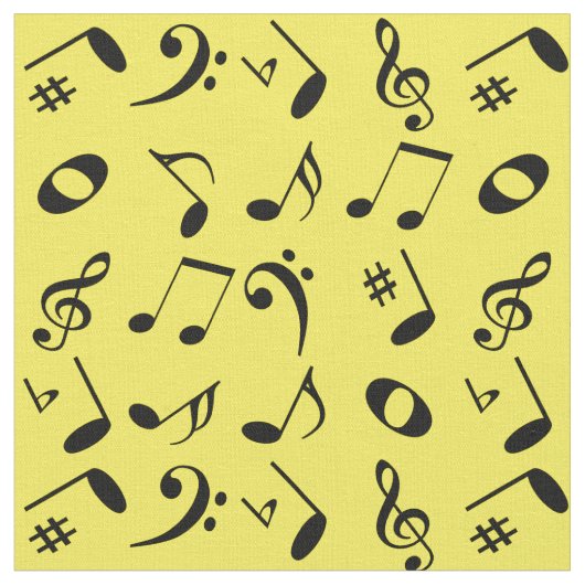 黄色に黒い角度の音符パターン ファブリック (クローズアップ)