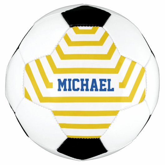 黄色のおもしろいストライプ名前をカスタムする サッカーボール (正面)