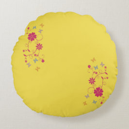 黄色のお洒落フローラと蝶のアクセント ラウンドクッション
