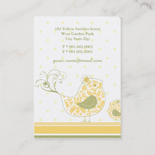 黄色のお洒落ママとベビーの鳥のダマスクの渦巻き 名刺 (裏面)