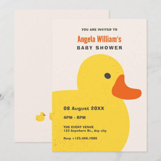 黄色のかわいいアヒルの赤ちゃんシャワー 招待状 (正面/裏面)