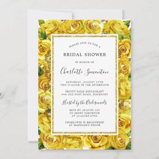 黄色のかわいらしローズフローラブライダルシャワー招待 招待状 (正面)