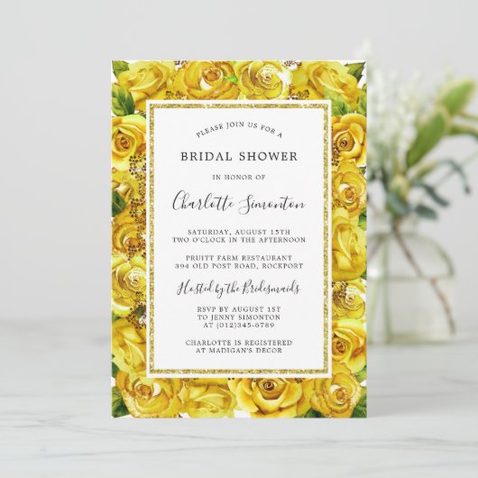 黄色のかわいらしローズフローラブライダルシャワー招待 招待状 (スタンド正面)