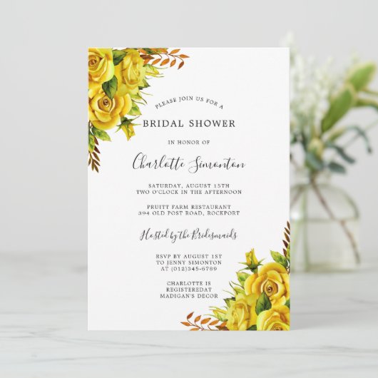 黄色のかわいらしローズフローラブライダルシャワー招待 招待状 (スタンド正面)