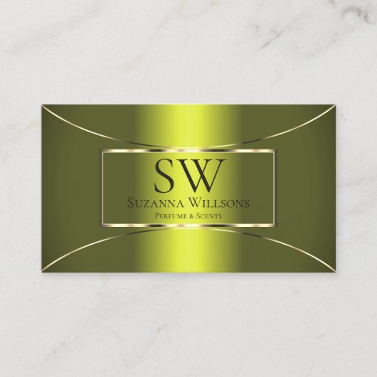黄色のきらめくオリーブグリーンとモノグラムと写真 名刺 (正面)