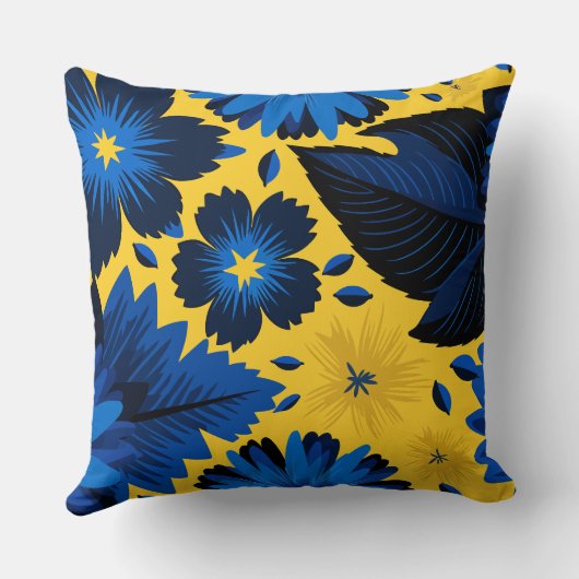 黄色のはっきりした背景に青鮮やか色のフローラ クッション (裏面)