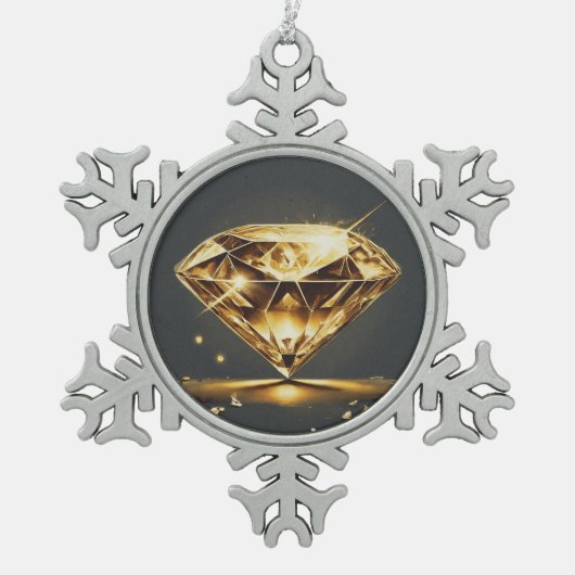 黄色のひし形と黒の背景 スノーフレークピューターオーナメント (正面)